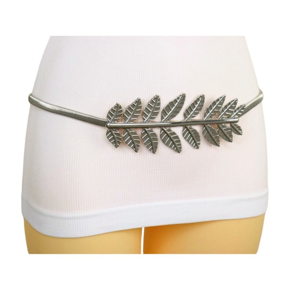 Women Silver Metal Elastic Waistband Skinny Belt Hip Waist Big Leaf Charm S M